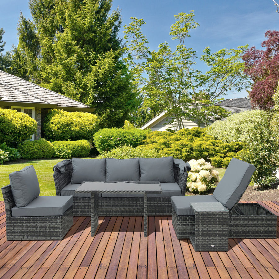 5 PCS Outdoor Rattan Wicker Sofa Sets Reclining Sofa Adjustable Canopy & Side Table Dining Table Set Sectional Conversation Furniture w/ Cushions, Mixed Grey