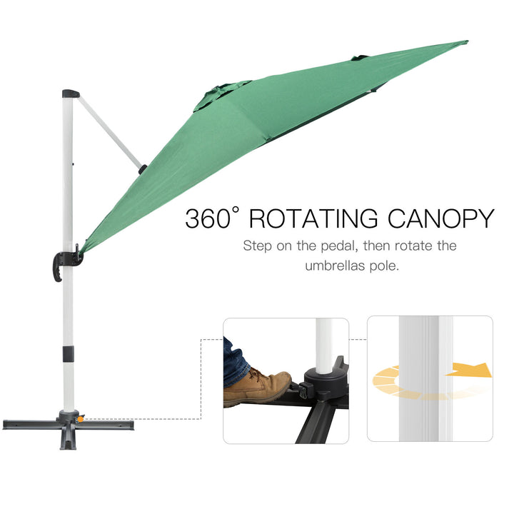3 x 3(m) Cantilever Roma Parasol, Square Garden Umbrella with Cross Base, Crank Handle, Tilt, 360° Rotation and Aluminium Frame, Green