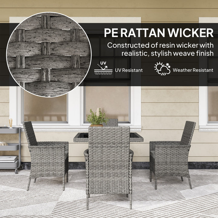 Rattan Garden Furniture Set, Outdoor Dining Table and Chairs 4 Seater with Cushions, Square Tempered Glass Top, 4 Armchairs, for Balcony, Terrace, Conservatory, Grey