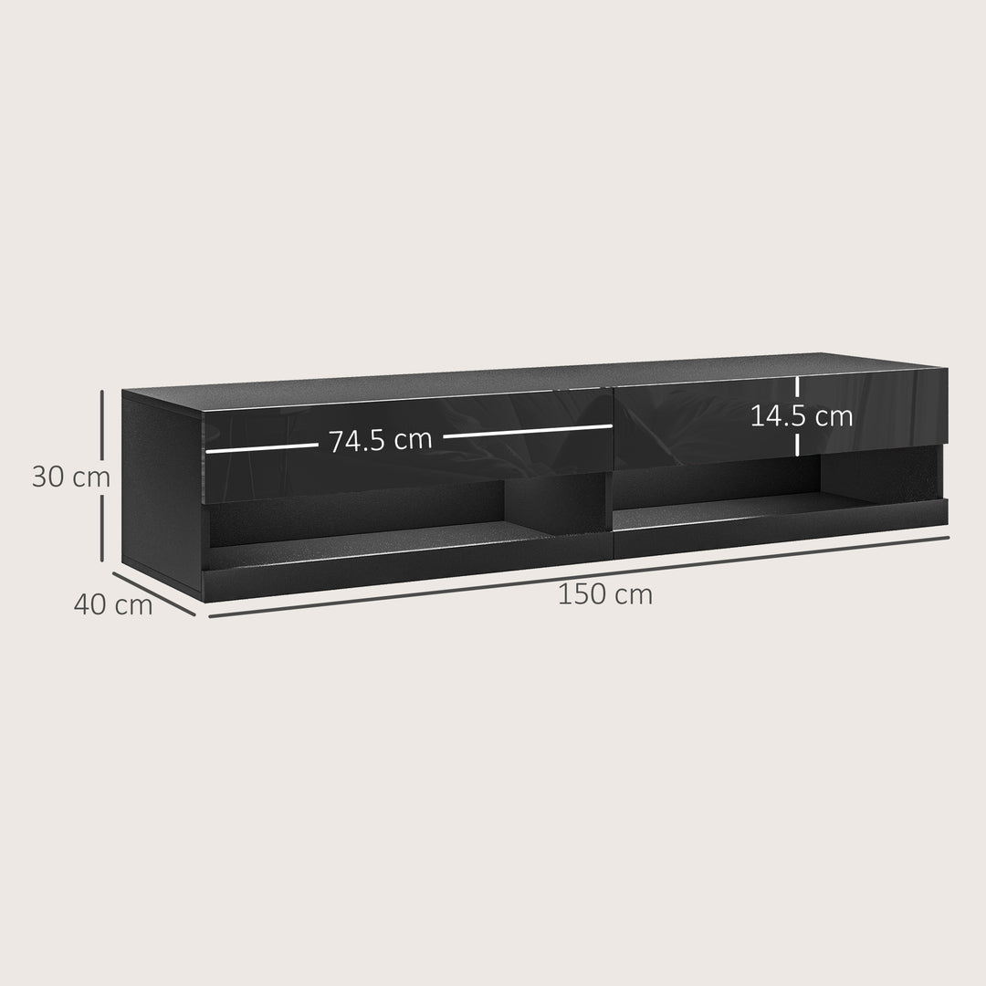 Floating TV Unit, Wall Mounted TV Cabinet for TVs up to 65", High Gloss Media Wall Unit with LED Lights, Storage Shelves for Living Entertainment Room, Black