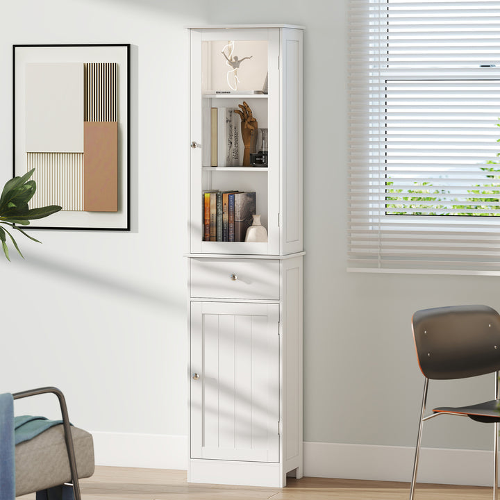 Bathroom Storage Cabinet with 3-tier Shelf Drawer Door, Floor Cabinet Free Standing Tall Slim Side Organizer Shelves, White