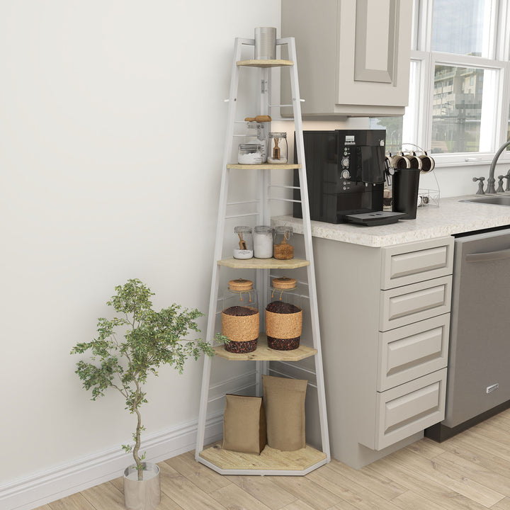 Five-Tier Corner Shelf - White/Wood-Effect