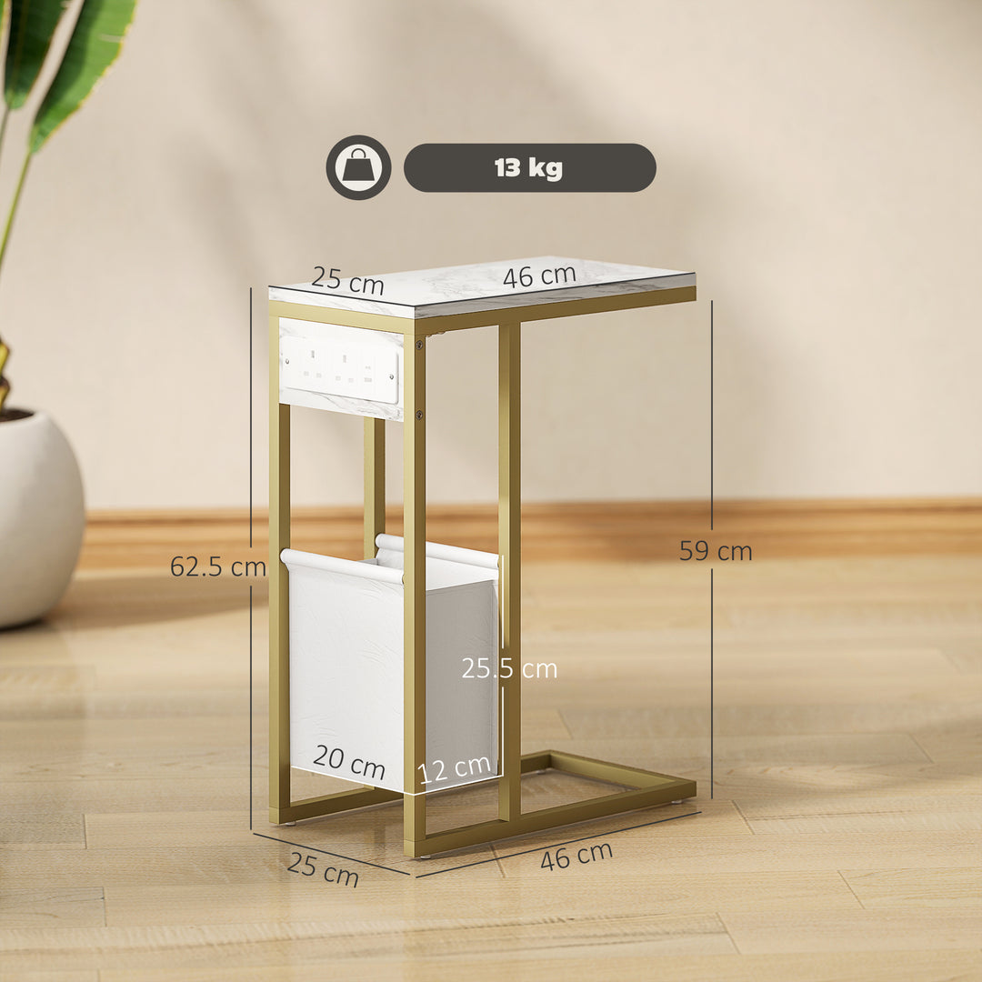 C Shaped Side Table with Charging Station and Faux Marble Top - White