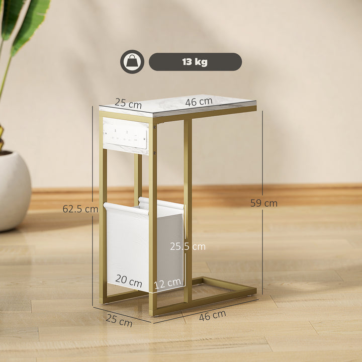 C Shaped Side Table with Charging Station and Faux Marble Top - White