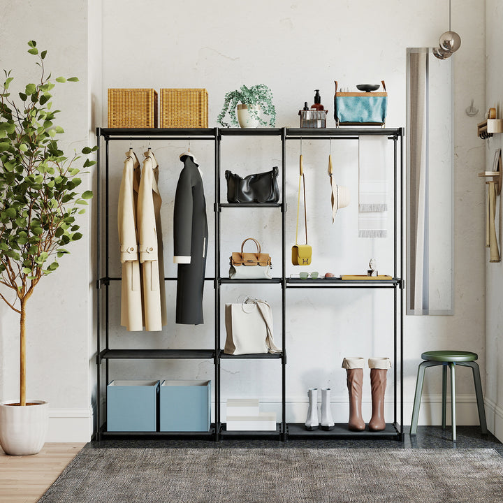 Portable Wardrobe, Open Clothes Wardrobe with 8 Shelves, 3 Hanging Rai
