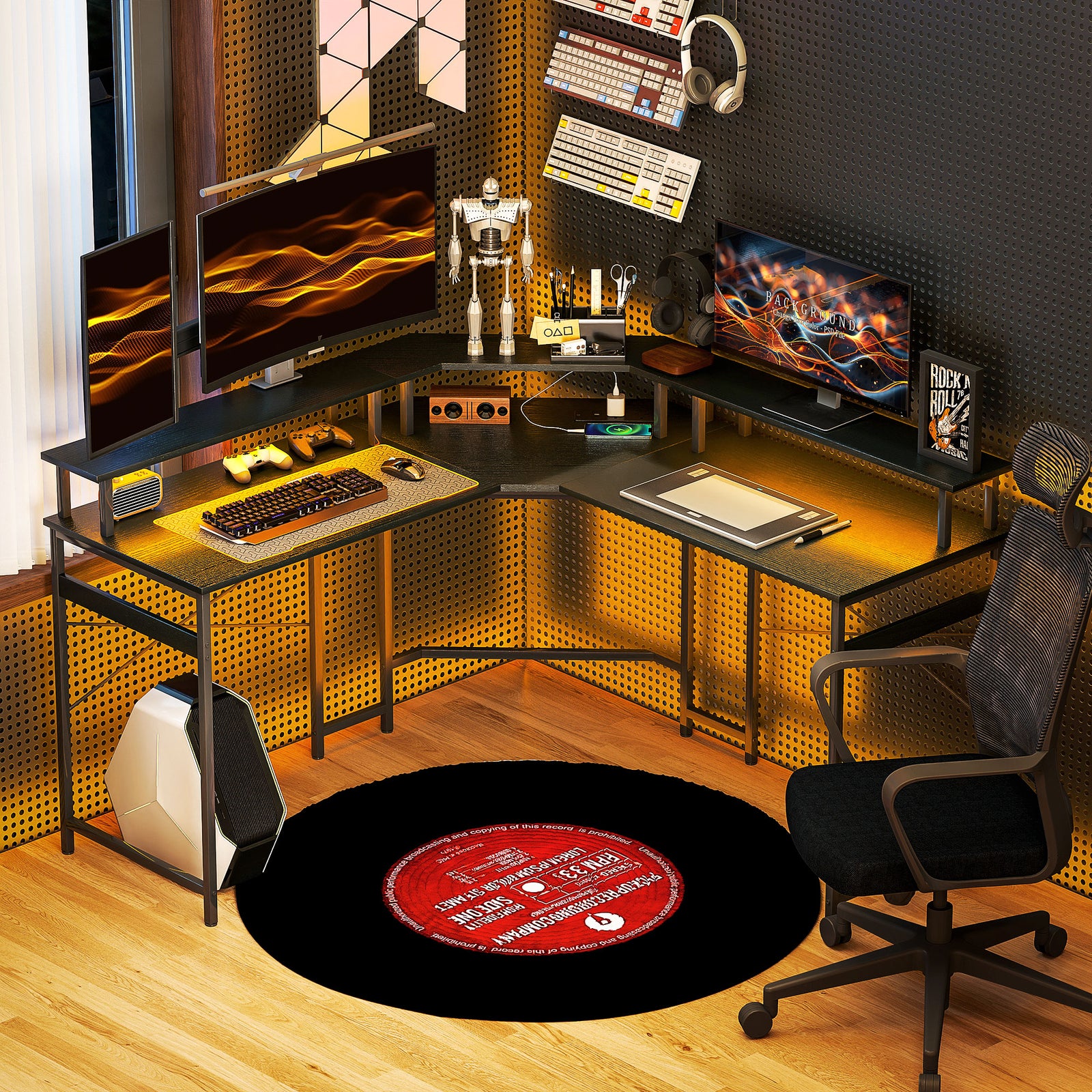 L' Shaped Work Desk, with LED Lights - Black