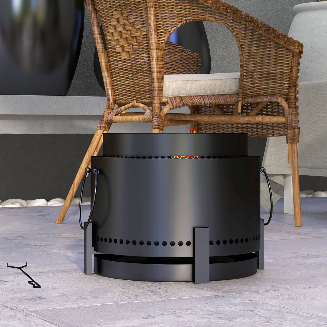 Smokeless Fire Pit with Ash Catcher, 37cm Portable Wood Burning Firepit with Poker for Garden Camping Bonfire Party, Metal, Black