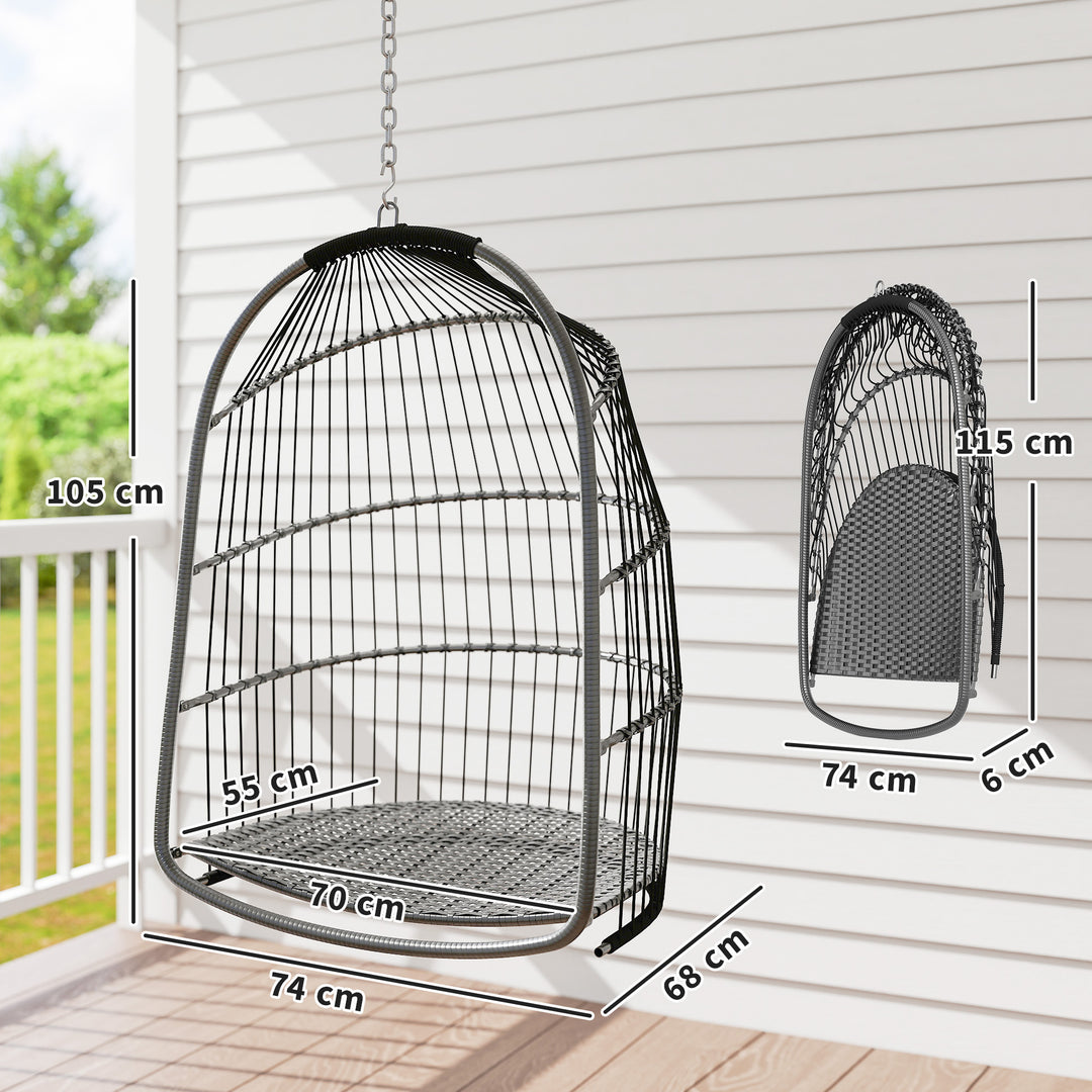 Hanging Egg Chair, Foldable Rattan Garden Swing Chair with Installation Kit, Thickened Cushion and Headrest, Indoor Outdoor Hanging Egg Basket Seat for Patio, Porch, Dark Grey