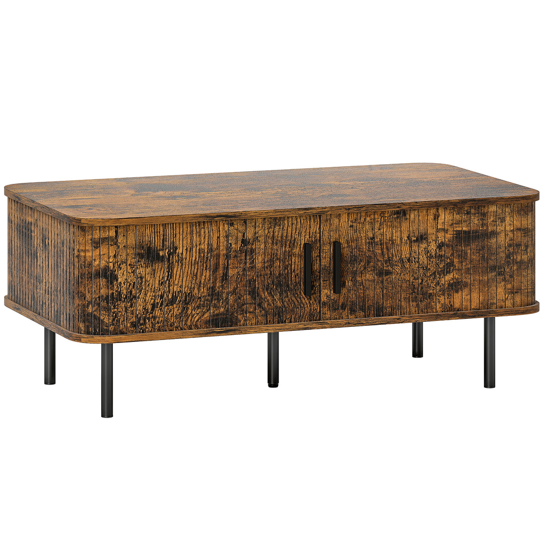 Coffee Table with Storage, Living Room Table with Slatted Tambour Sliding Doors and Foot Pads, Rectangular Coffee Table with Elevated Base for Living Room, Rustic Brown
