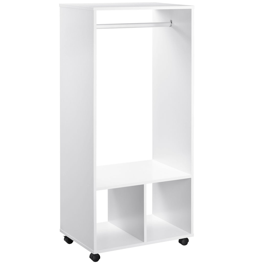 MCL Open Wardrobe on Wheels, Bedroom Wardrobe with Clothes Hanging Rail, 2 Storage Shelves, Mobile Garment Rack for Cloakroom, Hallway, White
