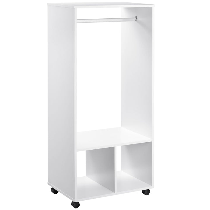 MCL Open Wardrobe on Wheels, Bedroom Wardrobe with Clothes Hanging Rail, 2 Storage Shelves, Mobile Garment Rack for Cloakroom, Hallway, White