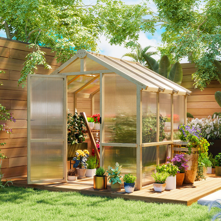 6.6 x 6ft Polycarbonate Greenhouse, Walk-in Wooden Greenhouse with Lockable Door and Window, Garden Plants Grow House, Brown