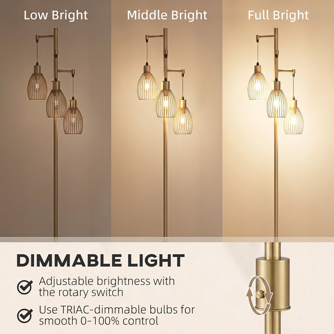 170.5cm Industrial Dimmable Standing Lamp, 3-Light Floor Lamp with Ste