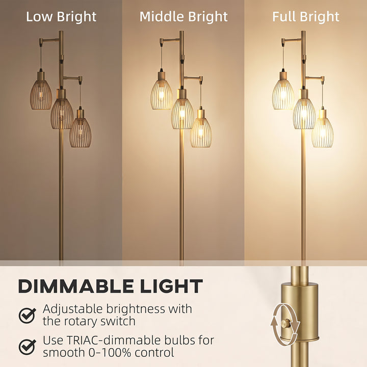 170.5cm Industrial Dimmable Standing Lamp, 3-Light Floor Lamp with Ste