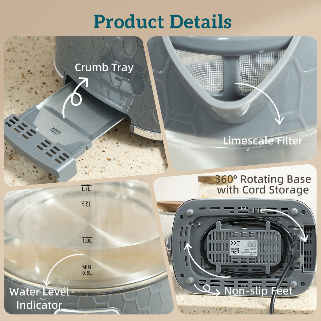 Kettle and Toaster Set, 1.7L 3000W Rapid Kettle with Limescale Filter, 2 Slice Toaster with 7 Browning Controls