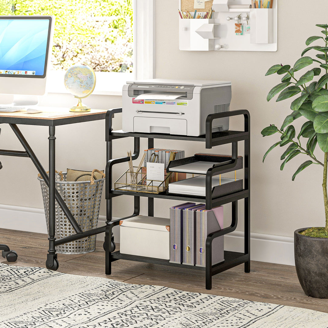3-Tier Printer Stand with Storage Shelves, Printer Table, 55 x 40 x 77cm Printer Shelf for Home Office, Study, Black