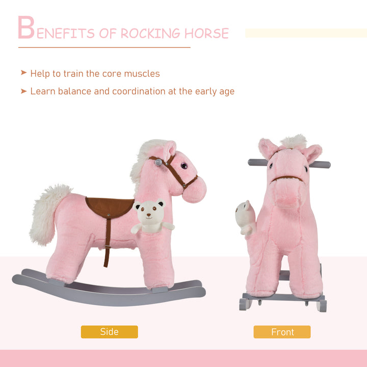 MCL Kids Plush Ride-On Rocking Horse Toy Rocker with Plush Toy Realistic Sounds for Child 18-36 Months Pink