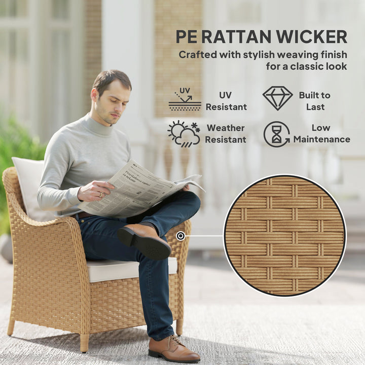 Rattan Garden Chairs Set of 2, Outdoor Rattan Chairs with Cushions, Armrests and High Back, PE Wicker Garden Armchair with Steel Frame for Balcony, Porch, Beige