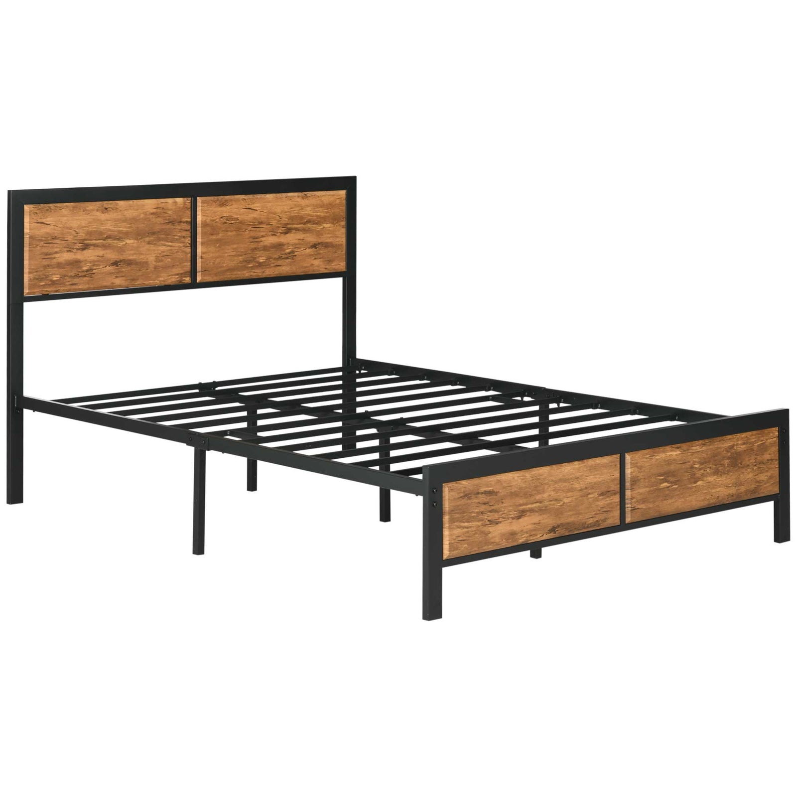 Industrial Double Bed Frame, 5FT Steel Bed Base with Headboard, Footboard, Slatted Support and Under Bed Storage, 142 x 195cm, Rustic Brown