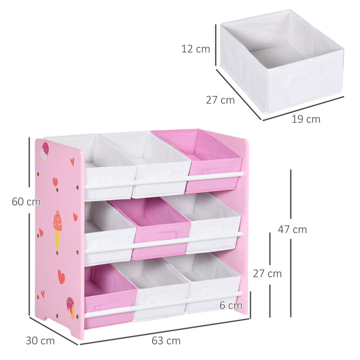 ZONEKIZ 3-Tier Storage Rack Toy Storage Organizer with 9 Removable Bins & Smooth Edges, for Playroom, Nursery and Kids Room, Pink | Aosom UK