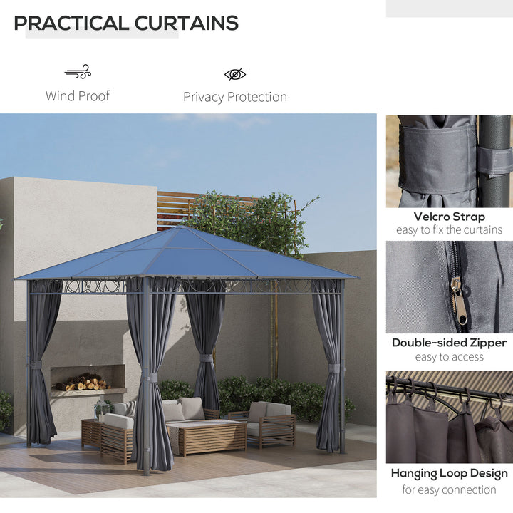 3 x 3(m) Hardtop Gazebo Canopy with Polycarbonate Roof, Permanent Pavilion Garden Gazebo with Curtains for Patio, Deck, Grey