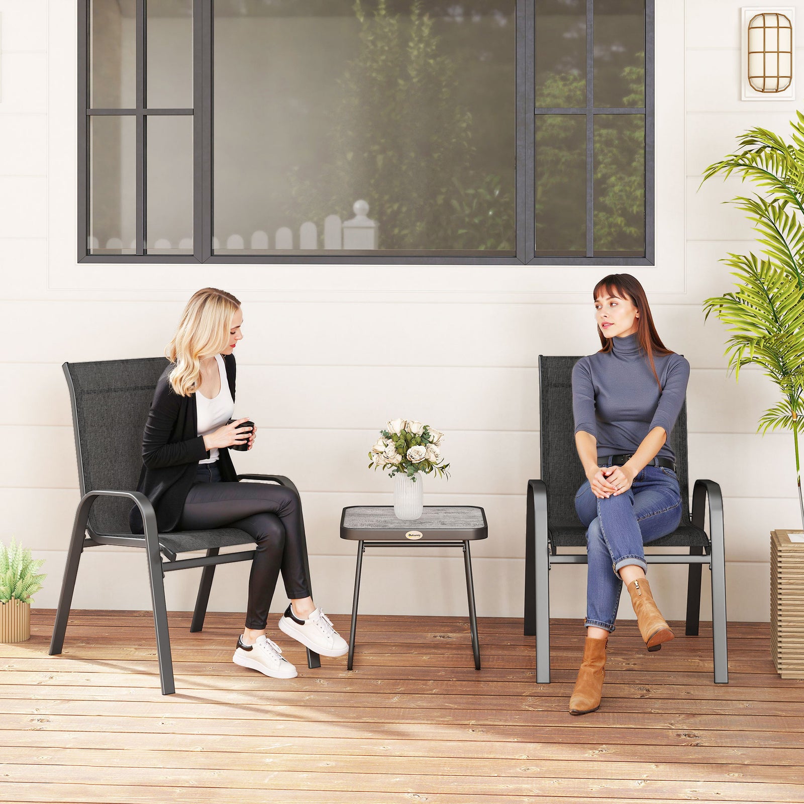 3 Pieces Outdoor Bistro Set, Patio Stackable Armchairs with Breathable Mesh Fabric and SPC Board Coffee Table, Black