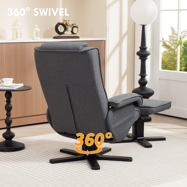 Rocker Swivel Recliner Chair with Footstool - Charcoal Grey Linen