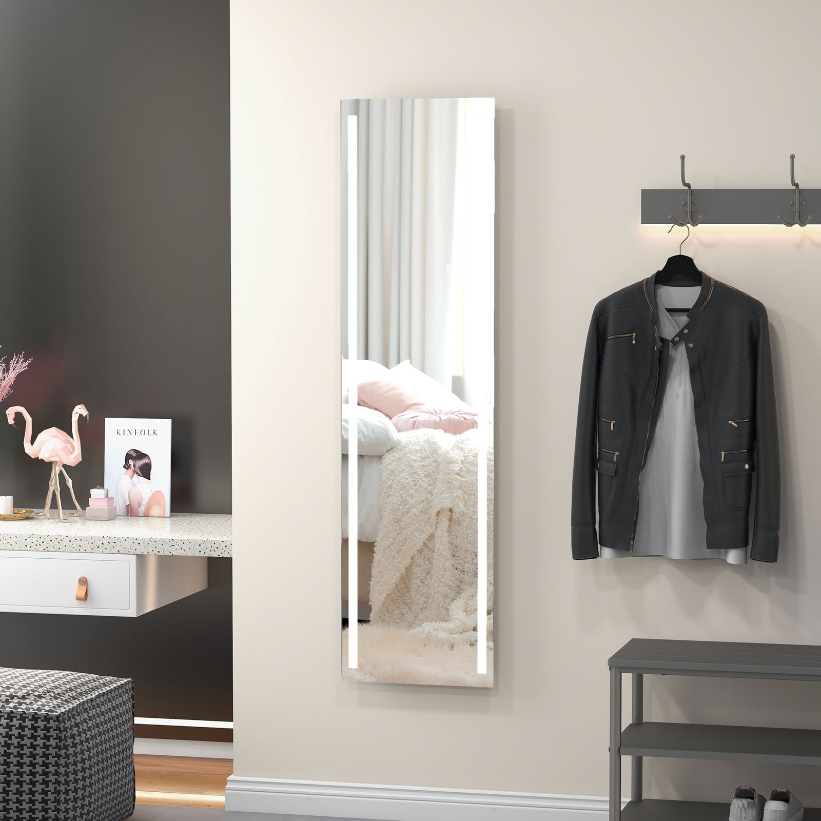 Full Length Dressing Mirror, LED Lighted Wall Mirror for Bedroom, Adjustable Brightness and 3 Colours, White