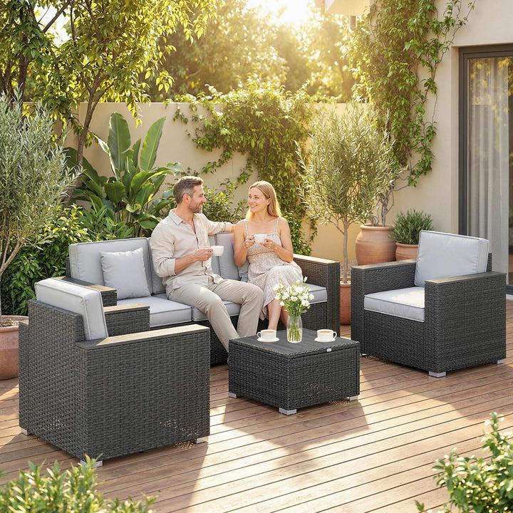 5 Seater Rattan Garden Furniture Set with Wide Armrests, Cushions, Pil