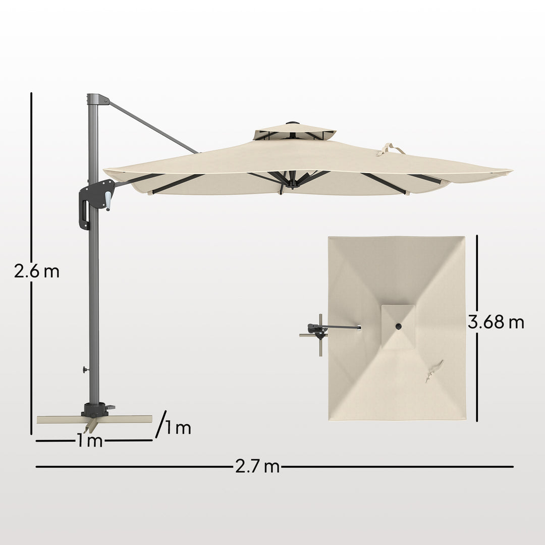 3.7 x 2.7 m Cantilever Parasol w/ 360° Rotation and Easy Tilt Adjustment, Aluminium Hanging Offset Outdoor Umbrella w/ Double Top, Cross Base, UPF50+ Hanging Sun Shade, Grey Wood Effect Pole