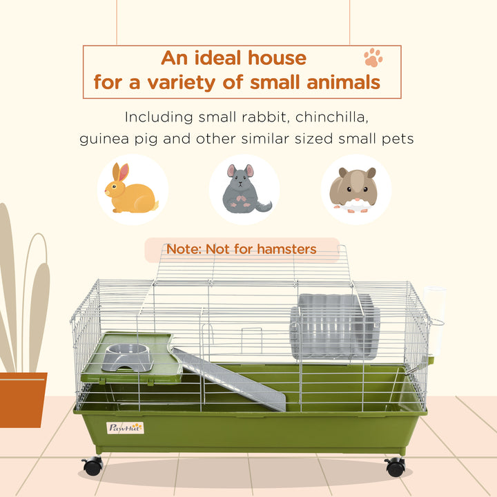 Small Animal Cage Rabbit Guinea Pigs Chinchillas Cage w/ Wheels Water Bottle Food Dish Platform Ramp 89 x 44 x 43 cm Green