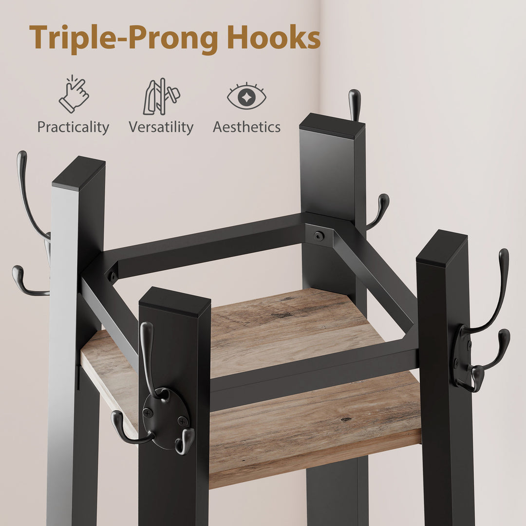 Industrial Coat Stand with 8 Hooks and 4 Shelves - Grey