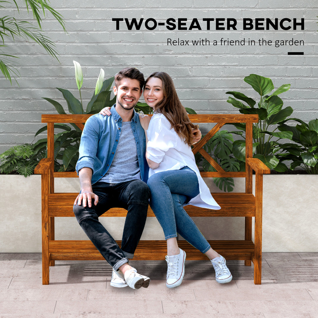 Two-Seater Fir Wood Bench, with Bottom Shelf - Natural