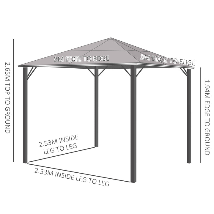 Outsunny 3 x 3(m) Garden Aluminium Gazebo Hardtop Roof Canopy Marquee Party Tent Patio Outdoor Shelter w/ Mesh Curtains & Side Walls, Grey | Aosom UK