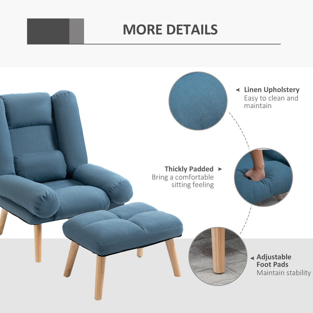 Armchair with Footstool, 180° Recliner with Ottoman, Accent Chair and Footstool with 3-Position Adjustable Backrest and Wooden Legs for Living Room, Blue
