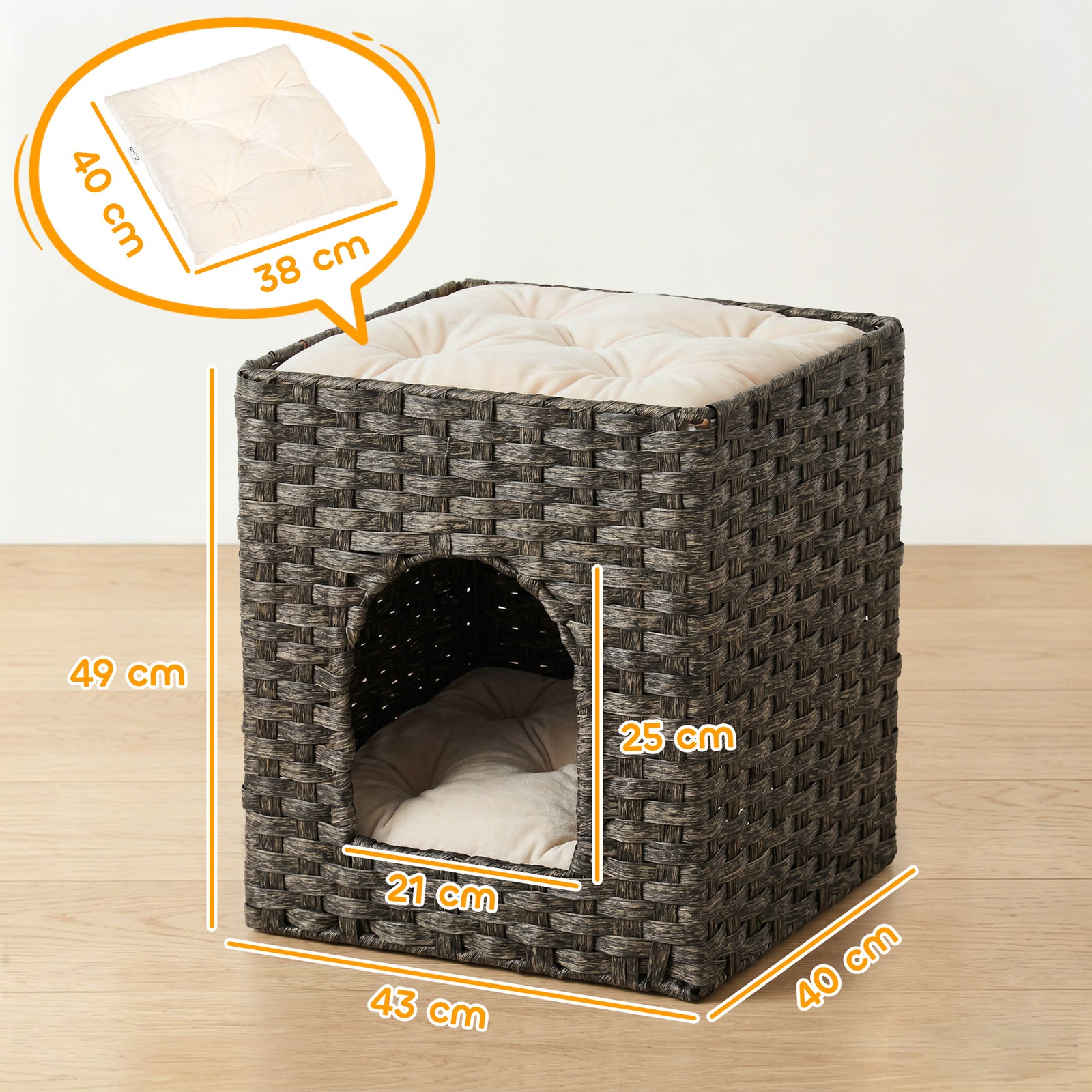2-Tier Wicker Cat House, Handwoven Rattan Cat Bed with Washable Cushio