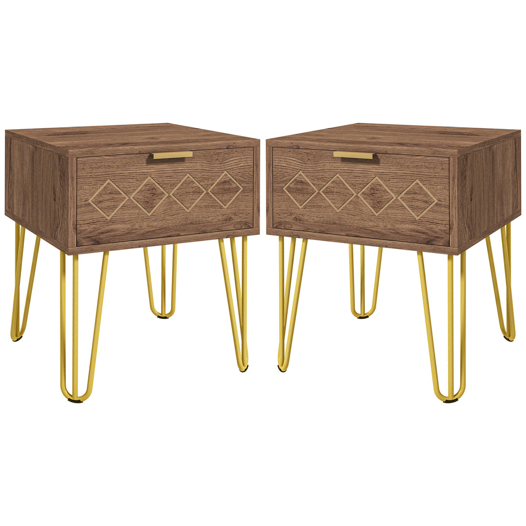 Bedside Table Set of 2 with Drawer, Wooden Nightstand, Modern Sofa Side Table with Gold Tone Metal Legs for Bedroom