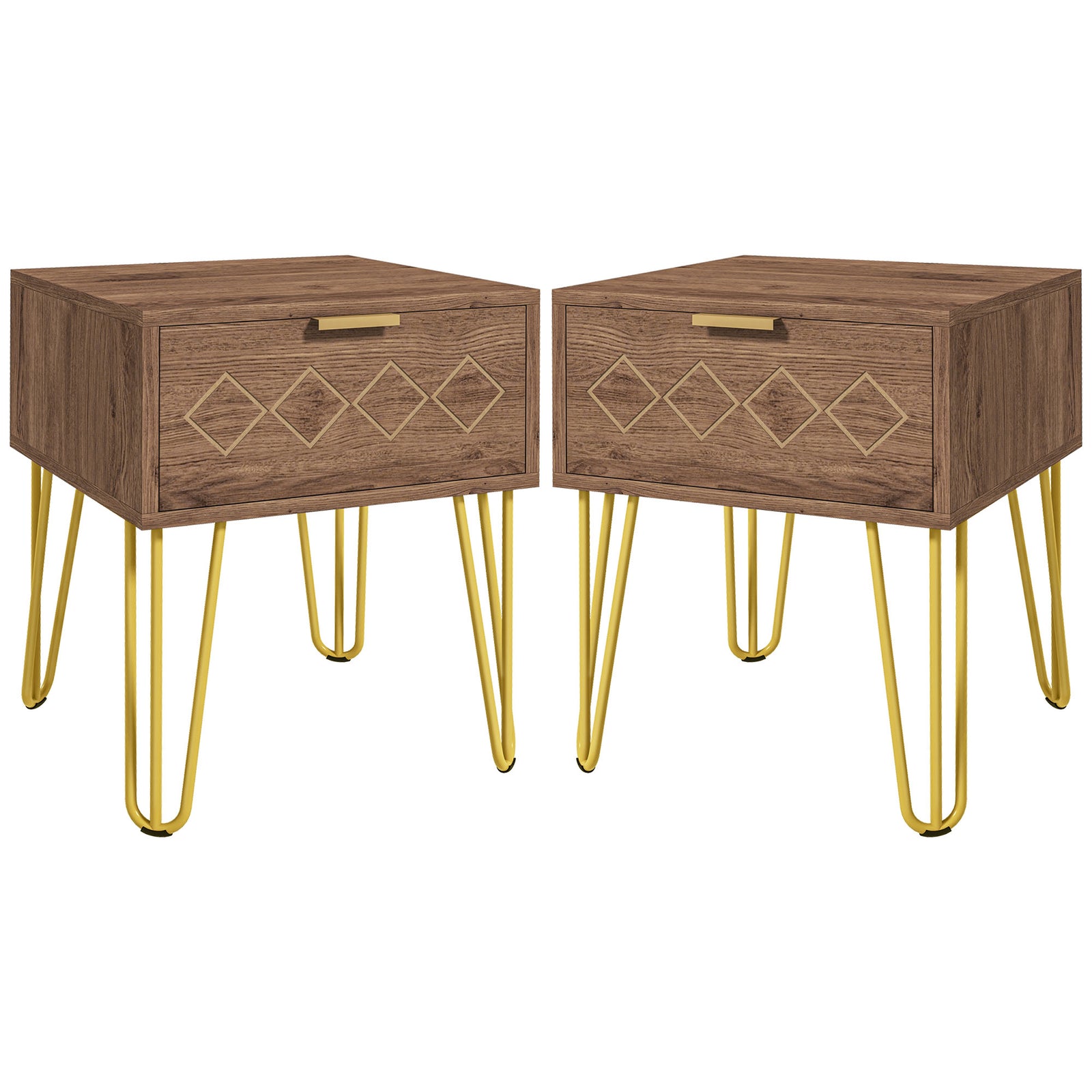 Bedside Table Set of 2 with Drawer, Wooden Nightstand, Modern Sofa Side Table with Gold Tone Metal Legs for Bedroom