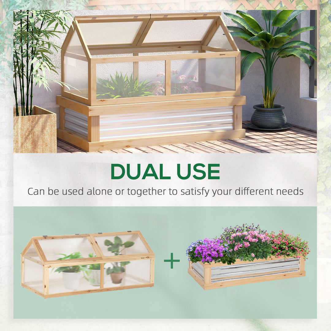 Raised Garden Bed with Greenhouse Top, Garden Wooden Cold Frame Greenhouse Flower Planter Protection with 2 Independent Roofs, 122x 61 x 82cm, Natural