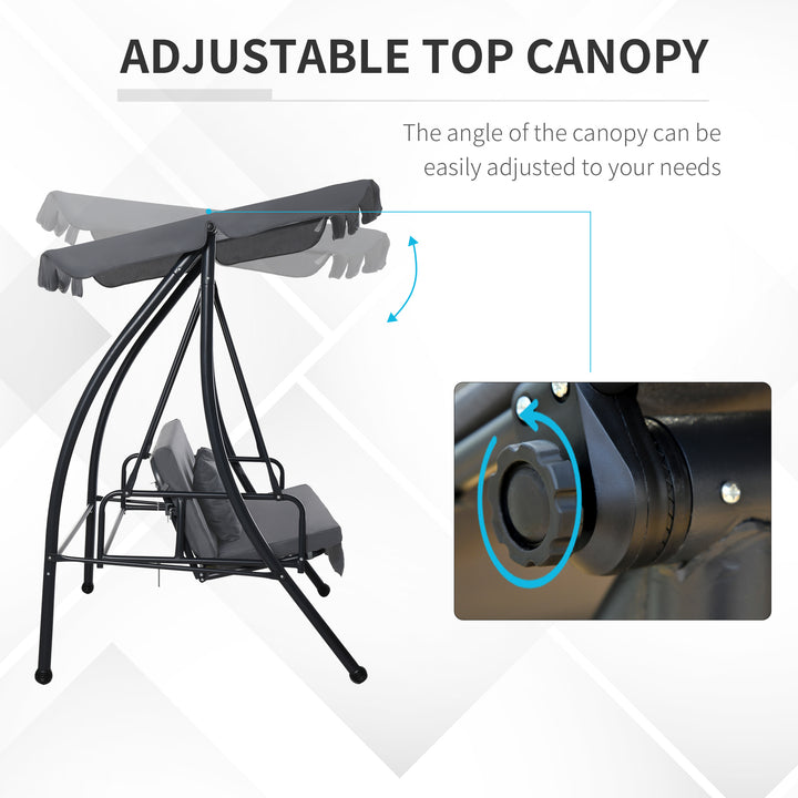 MCL Outdoor 2-in-1 Swing Chair Lounger 3 Seater Garden Swing Seat Bed Convertible Tilt Canopy W/ Cushion, Dark Grey