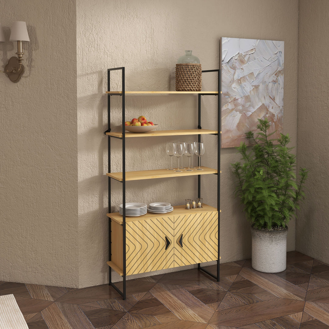 HOMCOM Industrial Bookshelf 4-Tier Shelving with Double Door Cabinet and Metal Frame for Living Room, Bedroom, Oak Tone