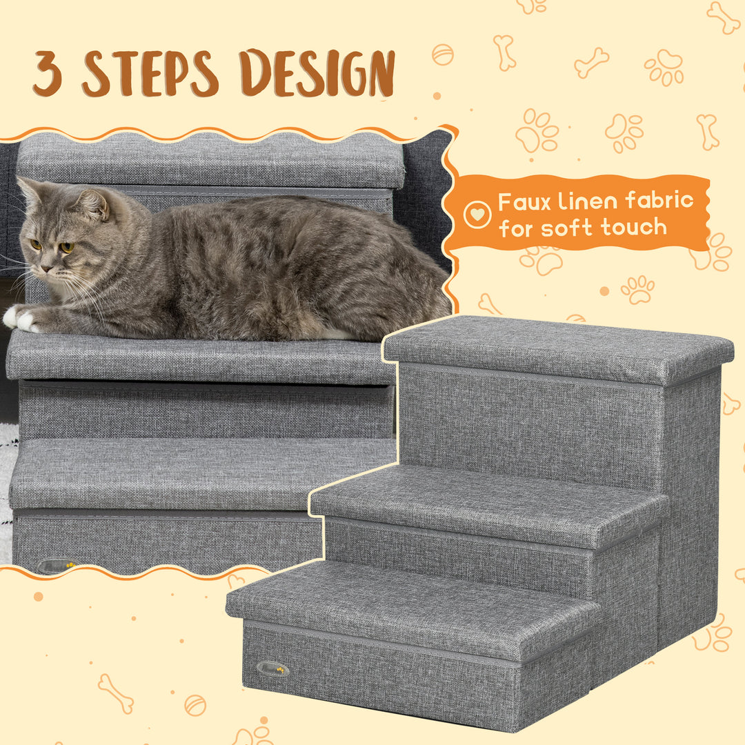 PawHut Cat Stairs with Storage Boxes, 3 Steps Dog Stairs for Bed, Pet Ladder for Couch Sofa, Easy Installation, 63.5x42.5x40.5 cm, Grey | Aosom UK