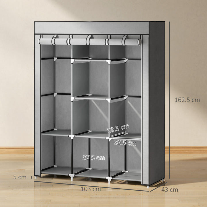 Fabric Wardrobe, with Rails and Shelves - Light Grey