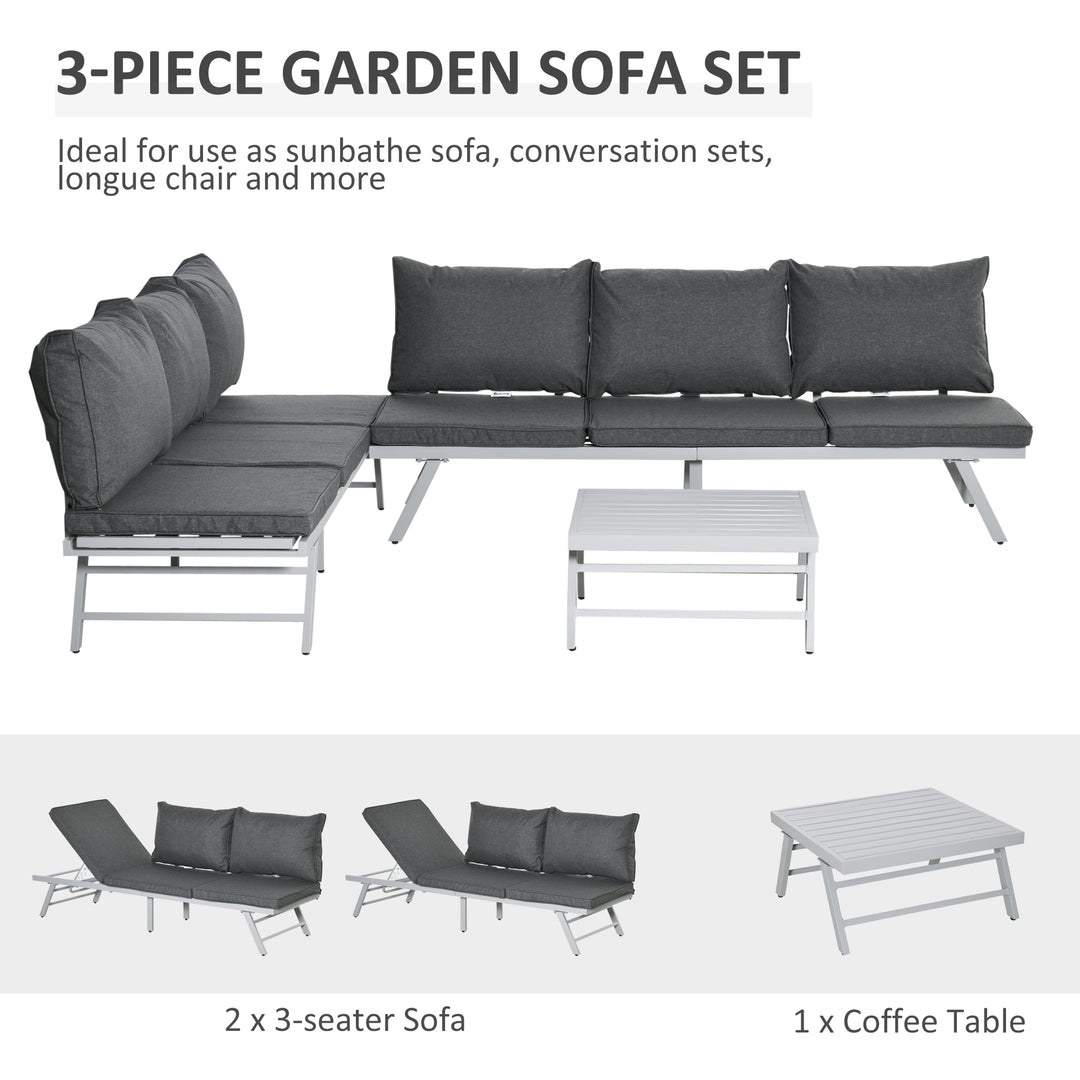 3 Pieces Garden Furniture Sets, 6 Seater Corner Sofa Set with Adjustable Backrest Chase Lounge with Slatted Metal Top Table, Padded Cushion, Grey