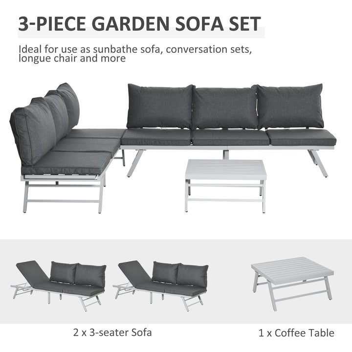 3 Pieces Garden Furniture Sets, 6 Seater Corner Sofa Set with Adjustable Backrest Chase Lounge with Slatted Metal Top Table, Padded Cushion, Grey