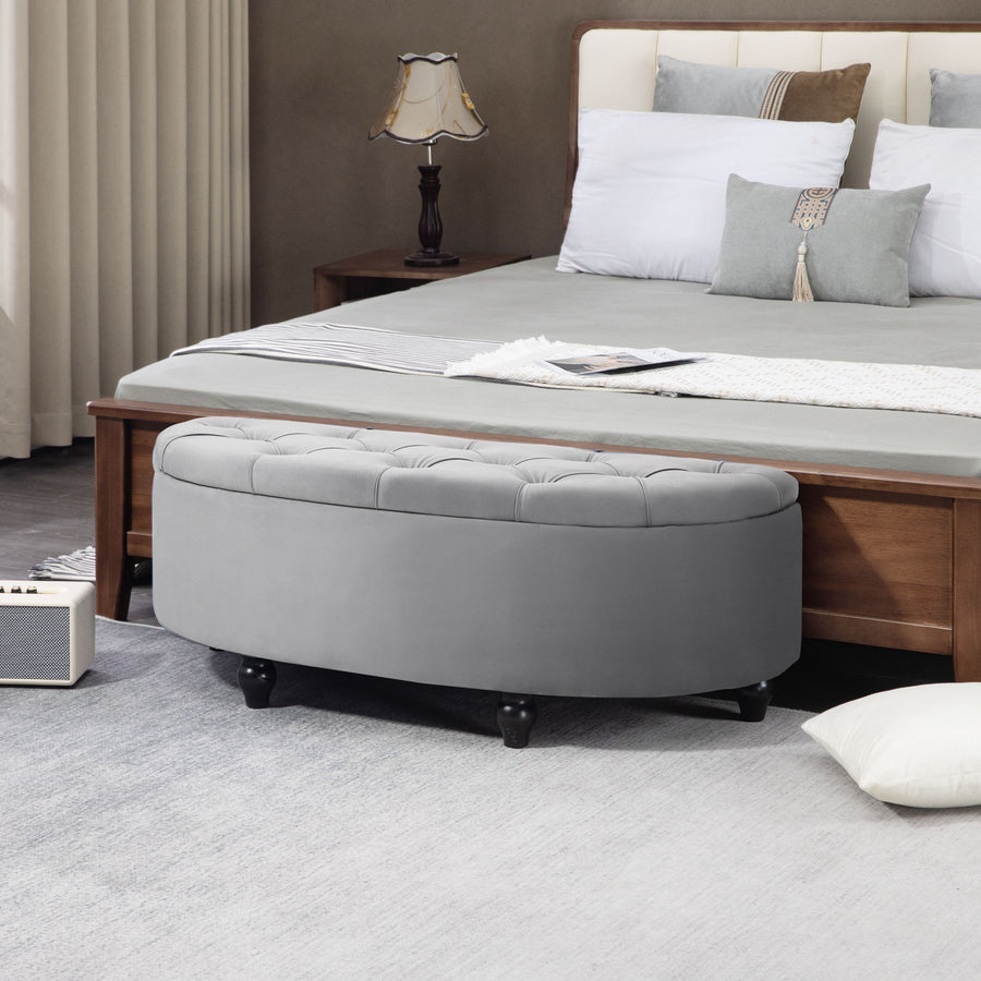 Semi-Circle Ottoman Storage Bench, Bed End Bench, Tufted Upholstered Window Seat Footrest Stool with Rubberwood Legs for Bedroom & Entryway, 120 x 46 x 42 cm, Light Grey