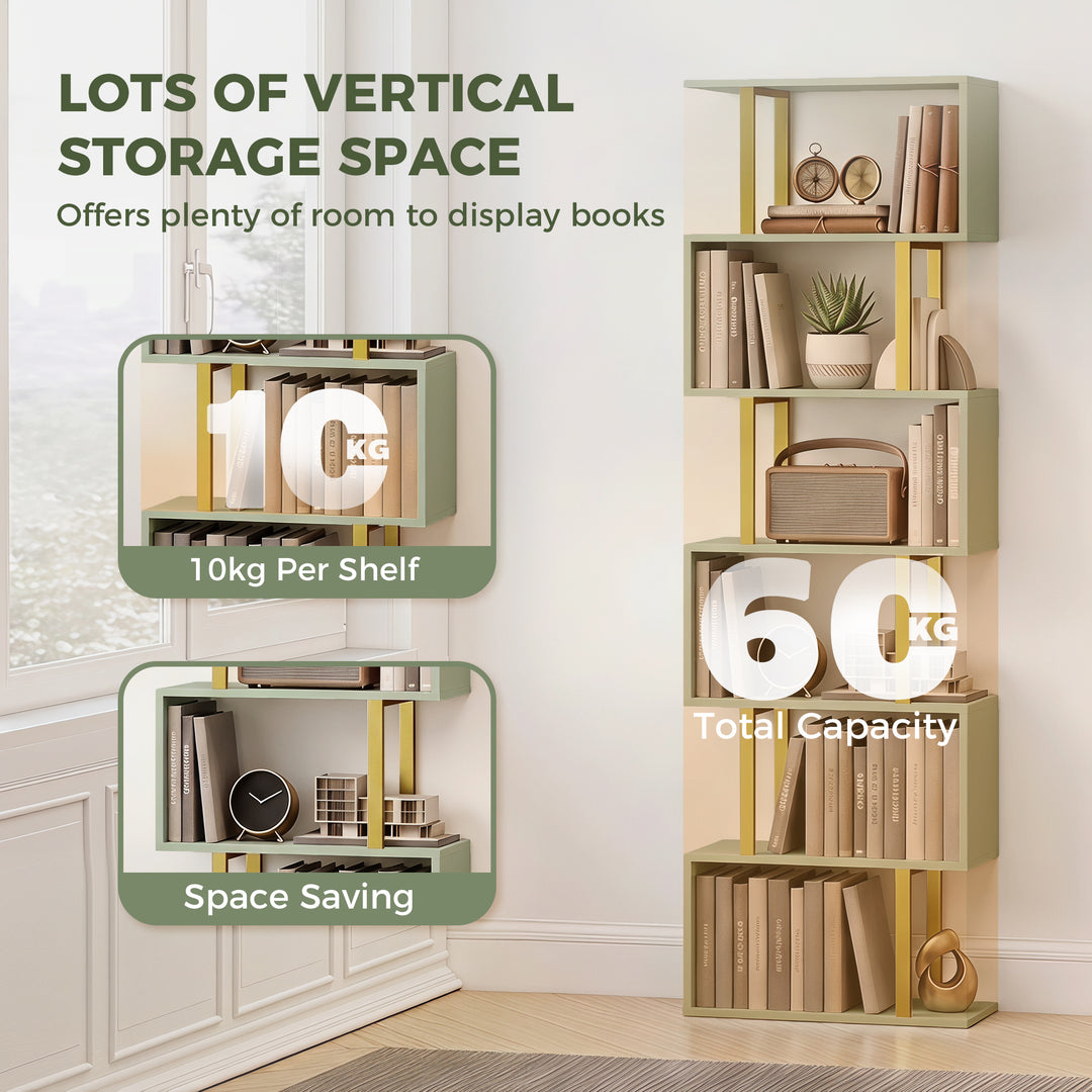 S-Shaped Bookshelf, 6-Tier Bookcase, Freestanding Storage Shelves with