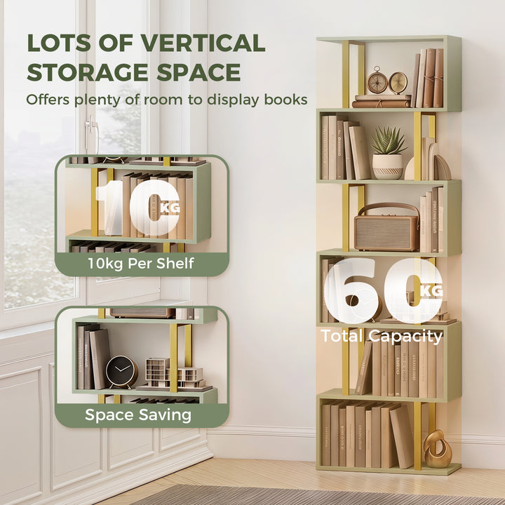 S-Shaped Bookshelf, 6-Tier Bookcase, Freestanding Storage Shelves with