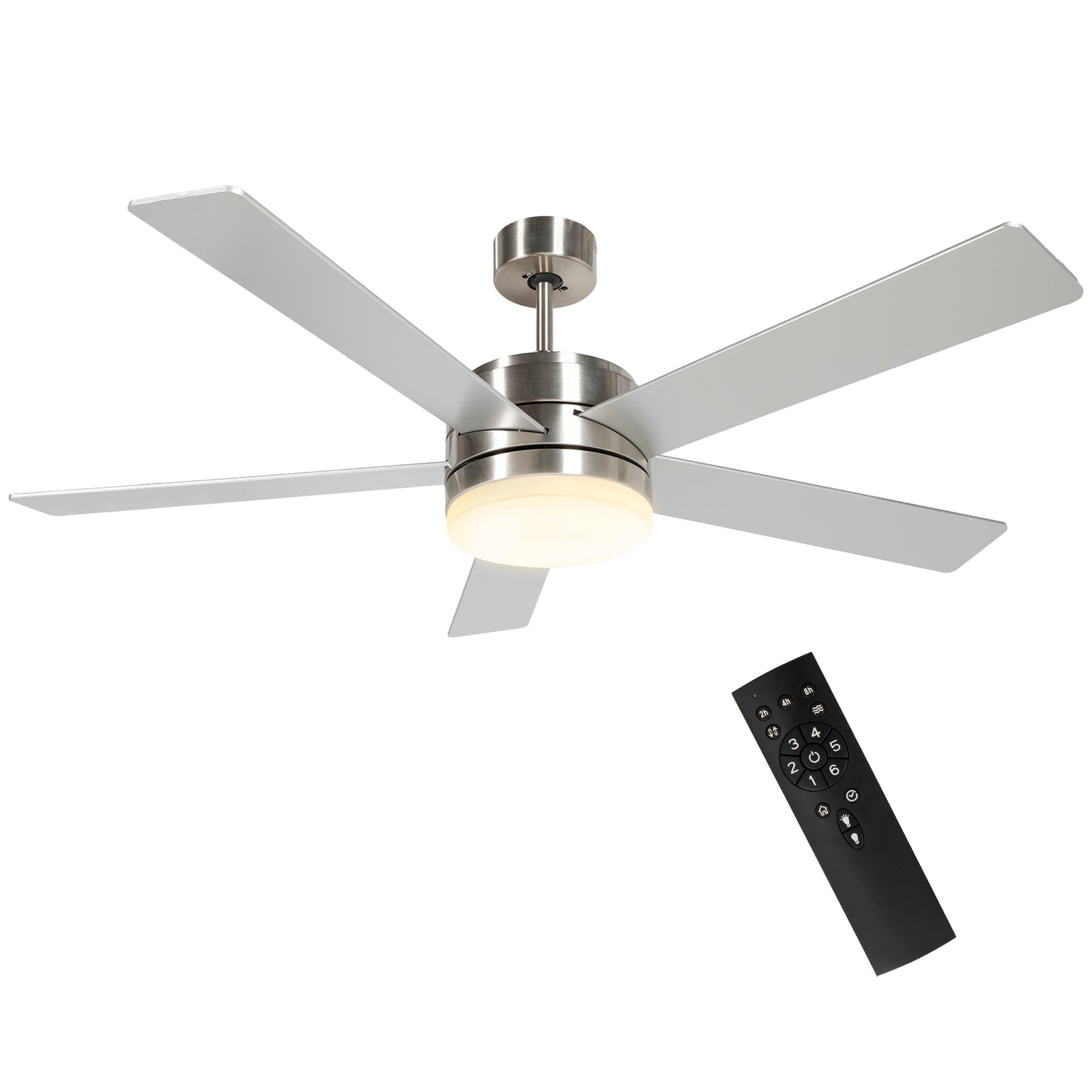 52" Ceiling Fans with Light and Remote, 132CM LED Ceiling Fan with 5 Blades, 5-Speed, Timer, Quiet Reversible DC Motor, for Bedroom, Living Room, Silver and Beech Wood-effect