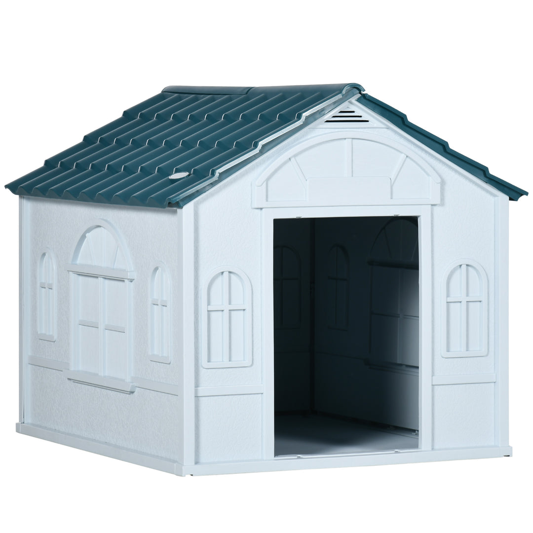 Plastic Weather-Resistant Dog House, for Indoors and Outdoors, Medium Dogs - White and Blue